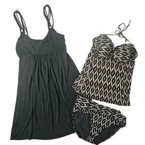 Robin Piccone 3 Swim Pieces Women M Olive Green & Cream Ikat Comfy Flattering